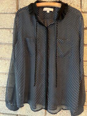 Ann Taylor LOFT Black & White Polka Dot Sheer Blouse L With Tie Neck